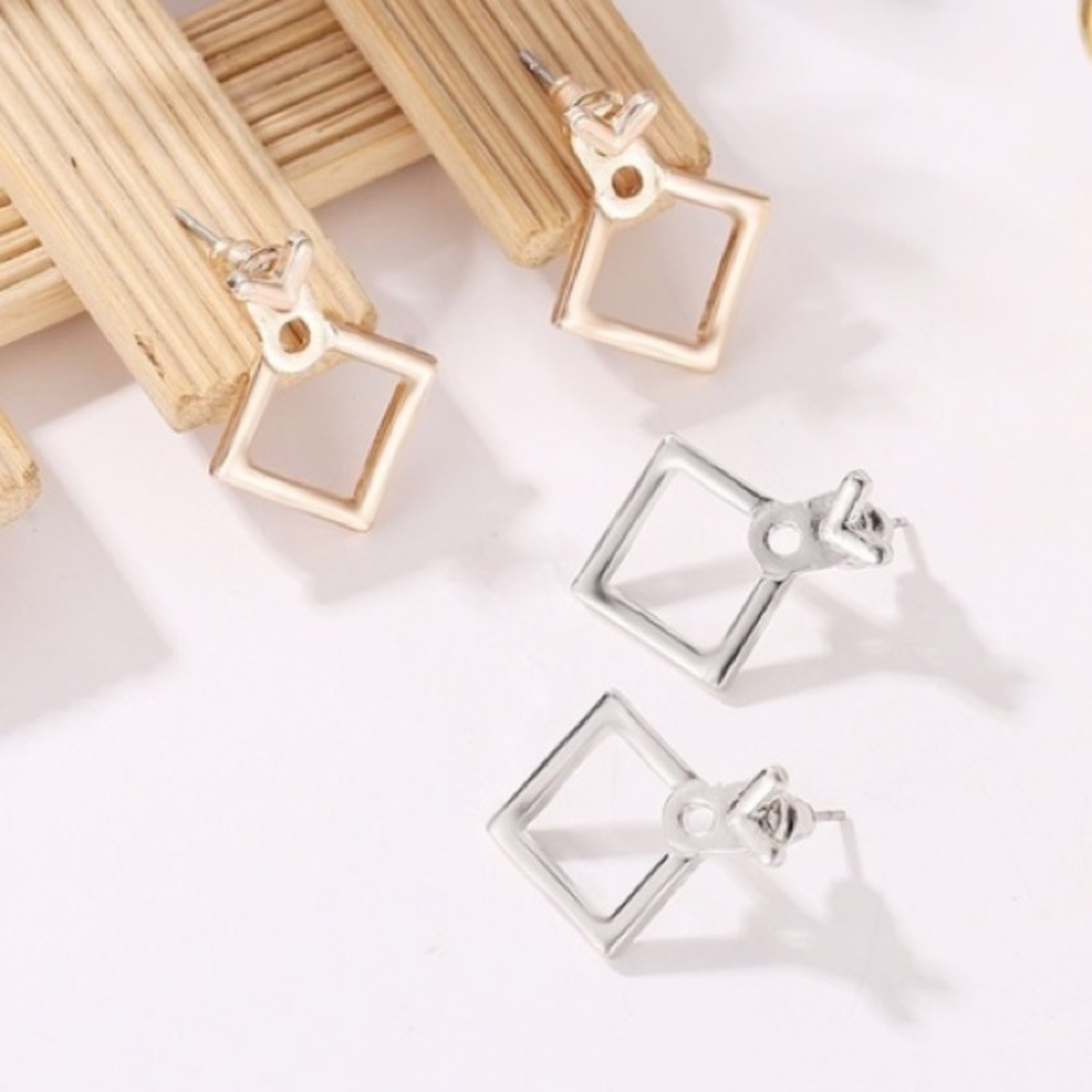 [SILVER]Modern Minimal Geometric Square Versatile Stud Earrings EarJacket - Picture 13 of 15